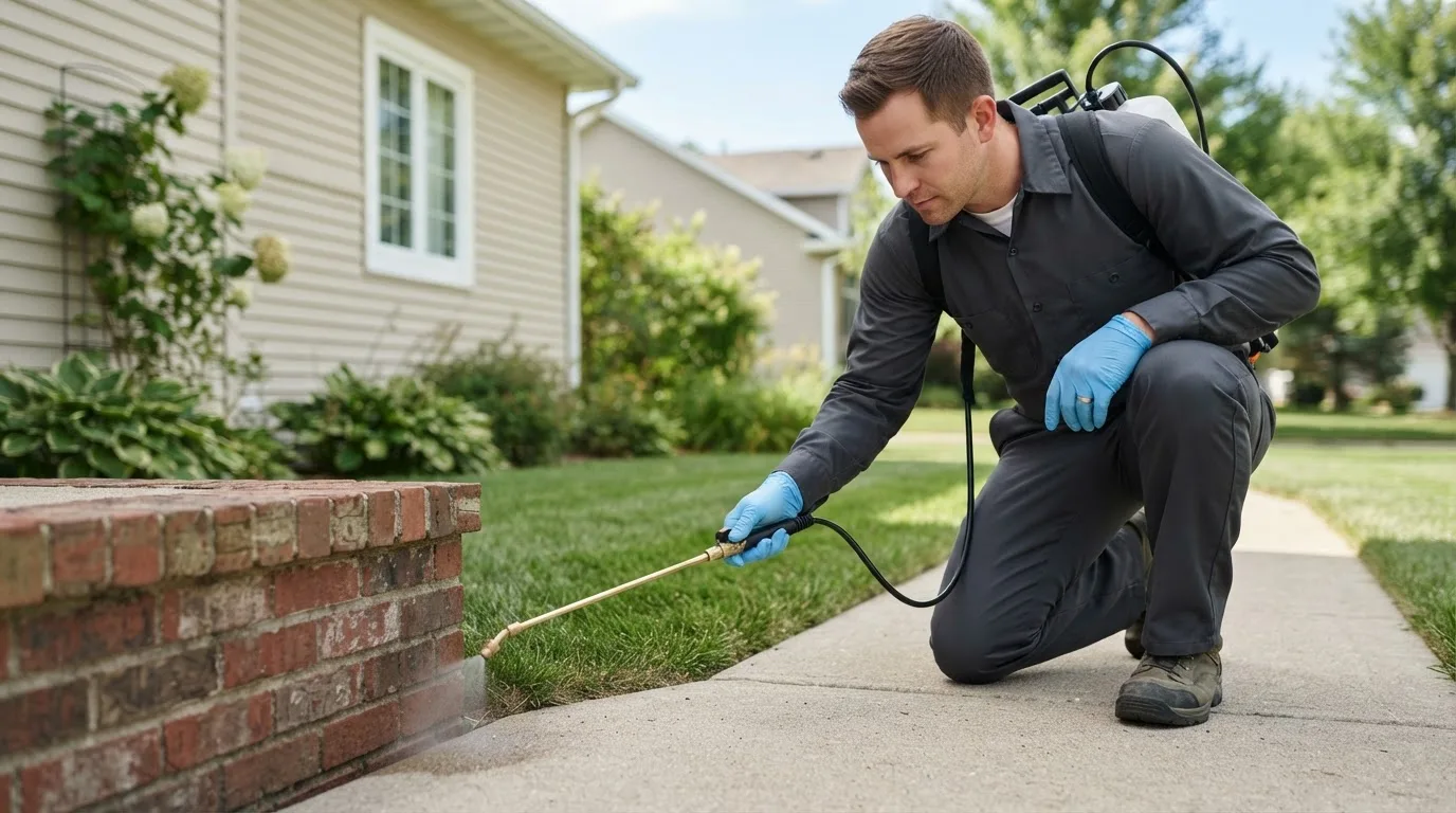 Pest control technician treating a home near Sargentville, ME